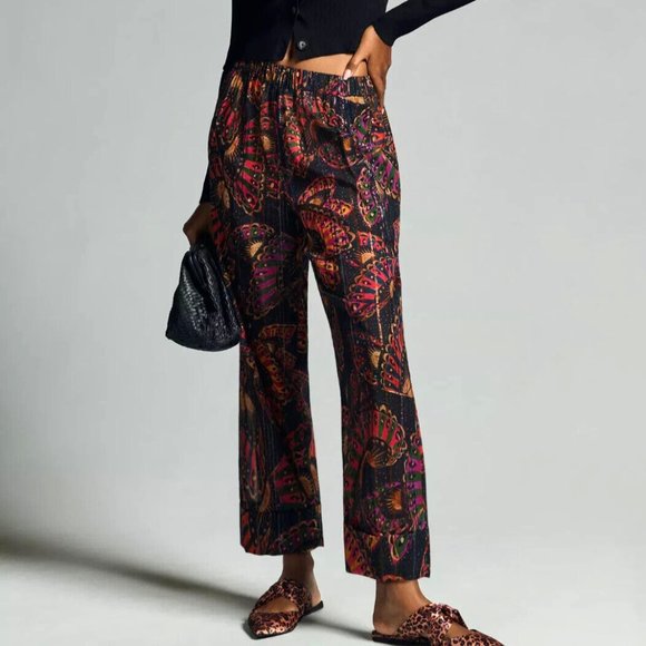 Farm Rio Anthropologie S NWT Butterfly Printed Pull On Pants Sheer Beach Casual